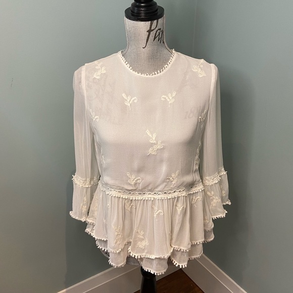 Zara Tops - Zara White Peasant Blouse with Embroidery, S